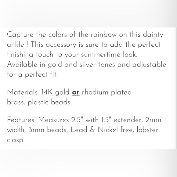 Sterling Forever Rainbow Beaded Anklet-14K Gold Plated - Picture 5 of 6